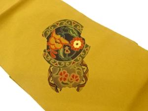 縮緬地破れ鏡裏に花唐草模様刺繍名古屋帯